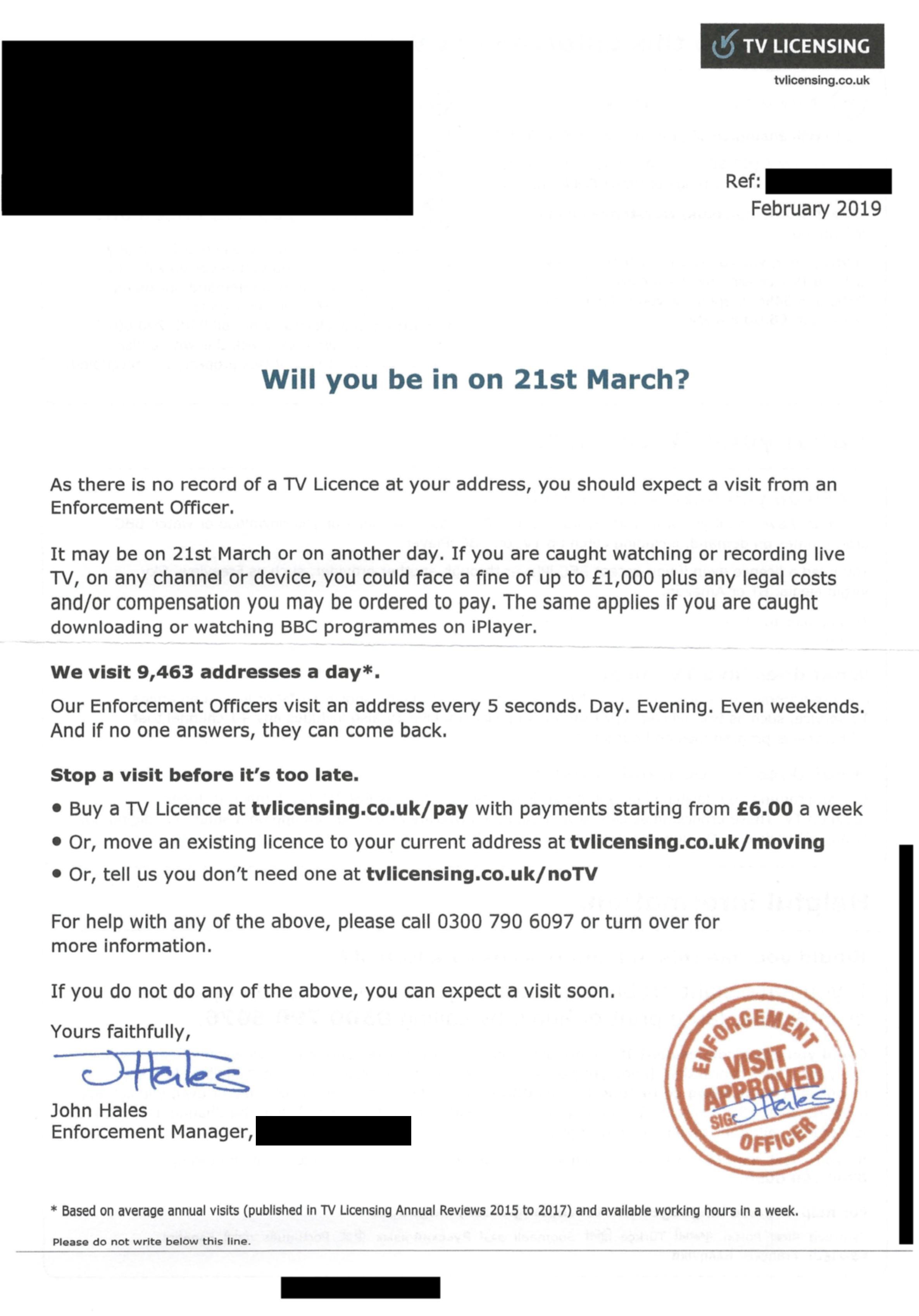 Letters from BBC Television Licensing/2019